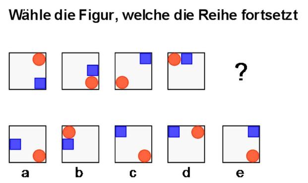 Das Foto zeigt eine Aufgabe zur Messung des IQ. Zu sehen sind vier Quadrate in einer Reihe mit roten und blauen Figuren darin. Aus einer zweiten Reihe mit fünf Quadraten soll dasjenige ausgewählt werden, welches die erste Reihe logisch ergänzt