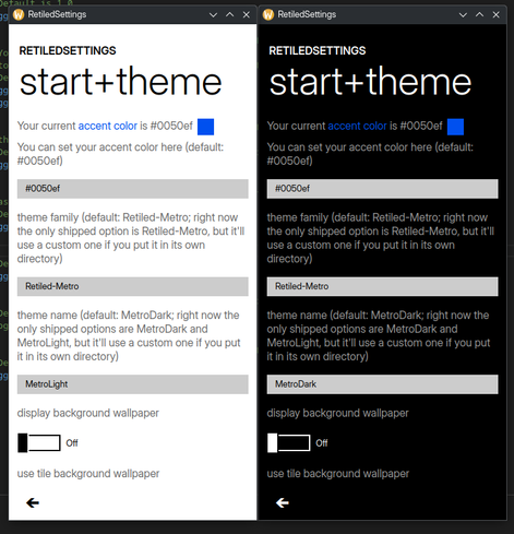 RetiledSettings showing the start+theme page in both light and dark themes showing the toggle switches being black on white in the light theme and vice-versa like they're supposed to be. There's also textboxes for MetroLight and MetroDark according to which app has what. The theme is very square and minimal but easy to tell what's what, just like the Windows Phone 7 and 8 design. Big headers too, and the user's accent color, a nice blue called cobalt, is shown in the page.
