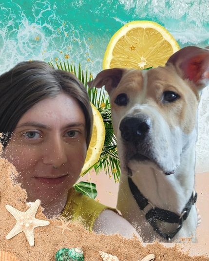 Beautiful dog with a person, some sort of collage.

Caption: 
