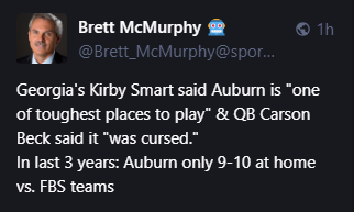 Brett McMurphy 🤖
@Brett_McMurphy@sportsbots.xyz
Georgia's Kirby Smart said Auburn is 