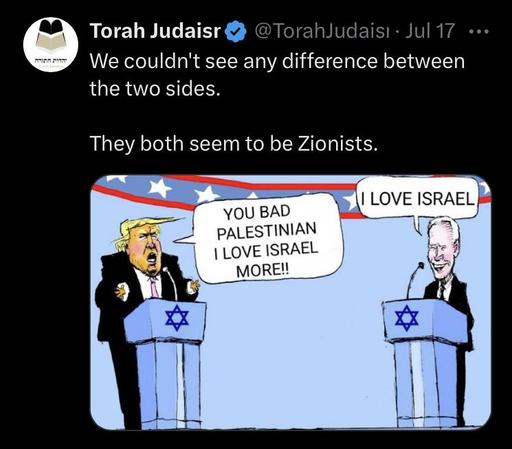 Cartoon of Trump and Biden at a podium saying how much they love Israel