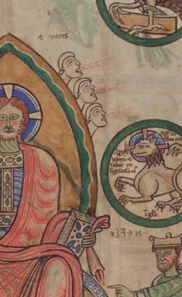 Medieval manuscript illustration depicting a seated figure with a halo, possibly a saint or religious figure, holding a book. Surrounding the figure are several smaller figures and circular scenes featuring various characters and creatures, such as a lion-like beast.