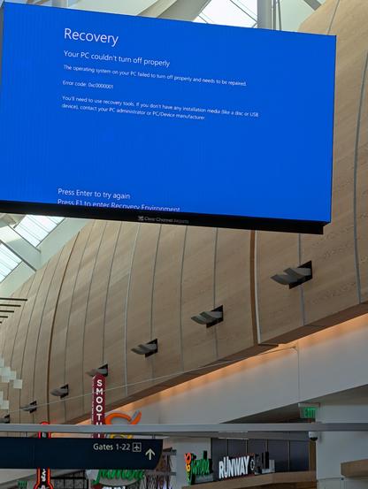 Windows recovery screen in an airport