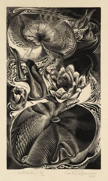 Black and white print in a bold, illustrative style depicting abstracted floral forms including two large floating lilypads and flowers