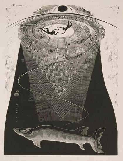Black and white print in a bold, illustrative style depicting silhouetted figures floating within a large beam of light hovering over a large fish creature swimming in dark water