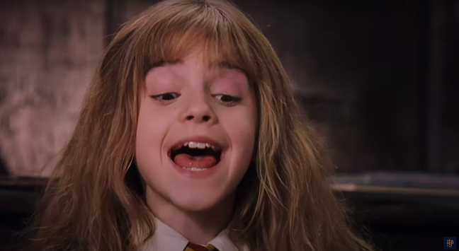 Screenshot of Hermione during the wingardium leviosa scene in the first Harry Potter movie.