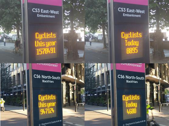 Collage of four pictures of the electronic displays on the two cycle journey counters with the 