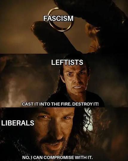 FASCISM(ring from LOTR)
LEFTISTS: CAST IT INTO THE FIRE. DESTROY IT!
LIBERALS: NO. I CAN COMPROMISE WITH IT.