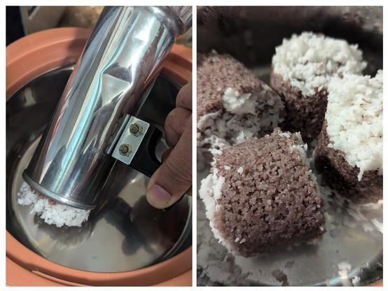 Emptying a puttu steamer into a warm food holder, and cylindrical pieces of steamed puttu with grated coconut on the ends