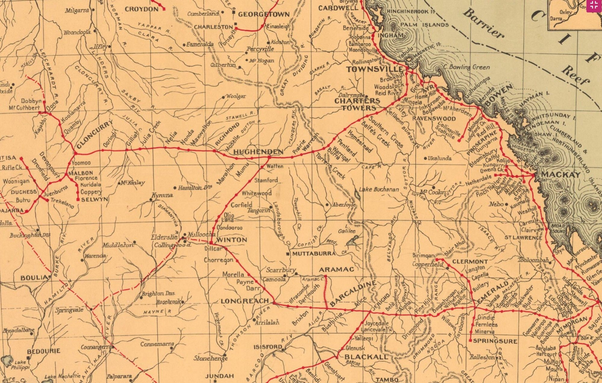 Western portion of a map of Queensland Railways - June 1939 - showing the location of Lana station in context.