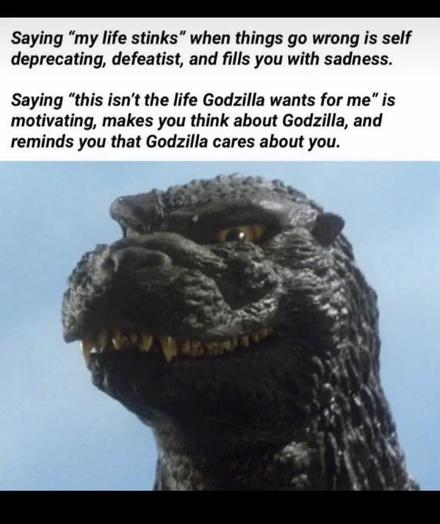 A picture of Godzilla’s smiling (??) face with the caption:

Saying 