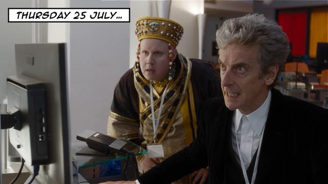 The Doctor and Nardole are looking intently at a computer screen. Nardole is wearing a lavish gold outfit from 12th century Constantinople and the Doctor looks like he has seen something he doesn't much like.