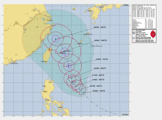 Forecast map of Tropical Storm Gaemi issued by the Joint Typhoon Warning Center on July 20, 2024 at 0900 UTC. The system is centered east of Luzon, Philippines, and is expected to pass through Ishigakijima, Japan, on Wednesday July 24 in the afternoon, before skirting the northern tip of Taiwan and heading towards the east coast of China.

Current wind speeds at 30kts/35mph/56kph. Expected peak wind speeds at 100kts/115mph/185kph with gusts up to 125kts/144mph/232kph.

The JTWC still classifies Gaemi as a Tropical Depression, but the Japan Meteorological Agency, which is responsible for naming typhoons in the Northern West Pacific, has already upgraded it to Tropical Storm.