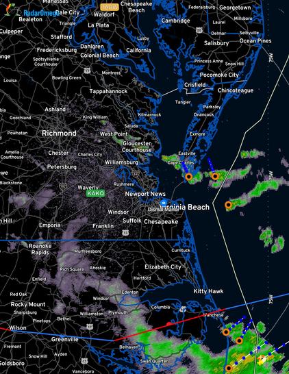 The 0515Q radar is quiet. The occluded front is south of Kitty Hawk. Two overnight storms are near Cape Charles   