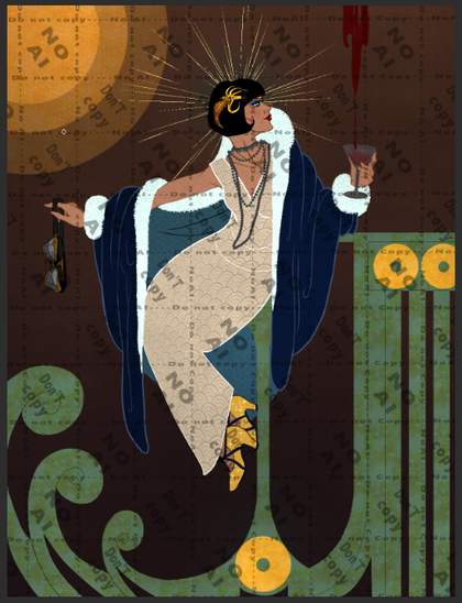 Digital illustration of a black haired woman in art deco style sitting at a bar. In one hand she holds flying googles, in the other a glas that is being filled with red fluid. she wears a pearl white dress in 20s style and a blue coat that floats around her figure