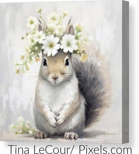 This is a canvas of an adorable gray squirrel named Bridgette wearing a bouquet of white daisy flowers on top of her head against a textured gray and white background. 