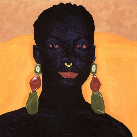 Painting of a Black figure with dark skin and braided hair against their scalp, wearing large chunky earrings and a gold nose ring, looking seriously at the viewer, against an orange-yellow-background