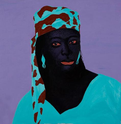 Painting of a Black woman with dark skin smiling slightly at the viewer, wearing a patterned blue and red head scarf with matching blue earrings and top, against a purple background