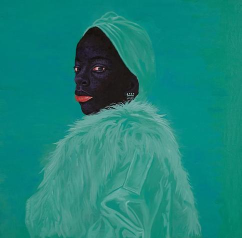 Painting of a Black woman with dark skin looking over her shoulder at the viewer, wearing a big fur coat and turban in matching mint green, against a slightly deeper mint/turquoise background