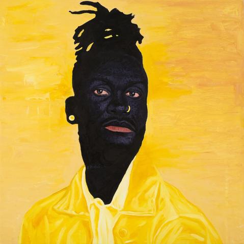 Painting of a Black man with dark skin and braids gathered loosely on top of his head, wearing a yellow coat and gold nosering and ear stud, against a yellow background