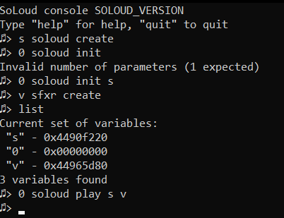 Console application showing a command line that can be used to create SoLoud objects and execute their functions.