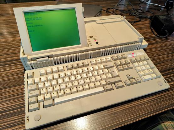 Amstrad PPC portable PC from 1987. There's a full-size keyboard that folds out and a 7