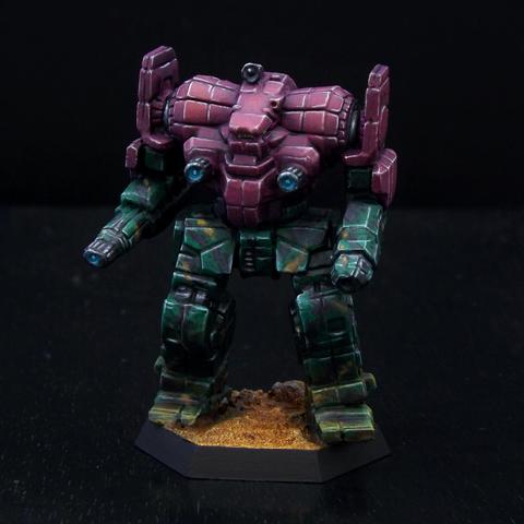 A painted miniature of an Awesome 'Mech.  Its upper body is purple, and its limbs are dark green camo.  It has no emblems or other markings.