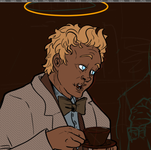 Close up on a not yet finished digital illustration of Aziraphale from Good Omens. He does a little pouting lip expression cause he is talking about his demon boyfriend. Above his head is his Halo and he holds a tea cup in his hand.
