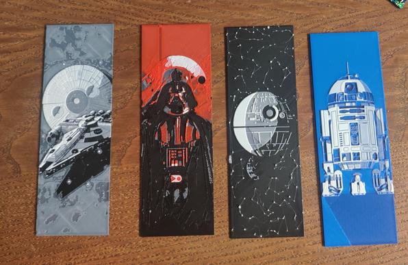 Vier Star Wars boekenleggers
De Millenium Falcon, Darth Vader, de Death Star en R2D2