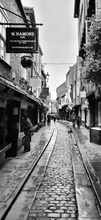 Black and white photo of the Shambles in York,  England. Image shows the old narrow cobbled street with shops either side. Rain has left a shine on the pavement. People are shopping and walking down this very special section of old town York. Taken September 2023.