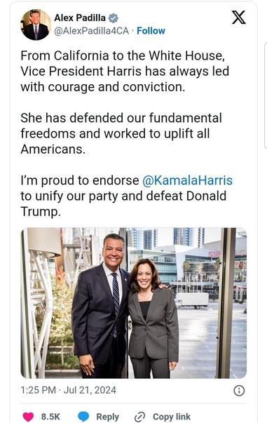 Senator Alex Padilla, D-CA, endorses Kamala Harris for Dem Presidential nominee.