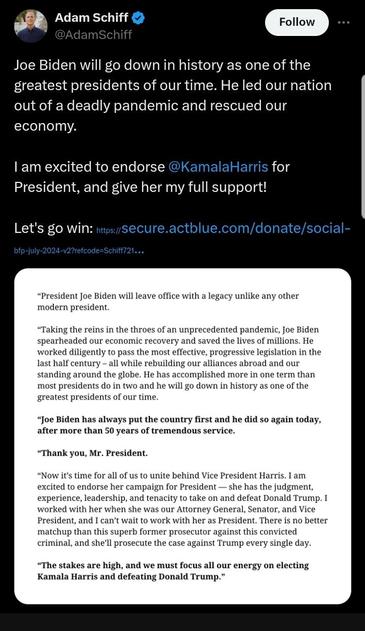 Post on Twitter from Schiff, thanking President Biden, and quotingthat post with an endorsement for Kamaka Harris.
