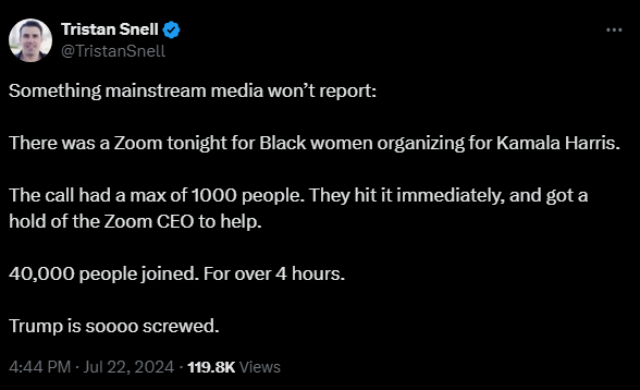 Tristan Snell @TristanSnell 

Something mainstream media won’t report:

There was a Zoom tonight for Black women organizing for Kamala Harris.

The call had a max of 1000 people. They hit it immediately, and got a hold of the Zoom CEO to help.

40,000 people joined. For over 4 hours.

Trump is soooo screwed.