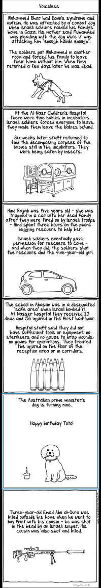 Stories from a comic strip in the Guardian about Israeli soldiers needlessly killing Palestinian children.