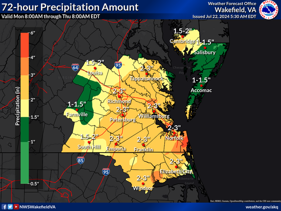 Expected 72 hour rainfall total 22-24 July 2-3 inches generally with a pocket of 4-6 inches in southern Virginia Beach. 