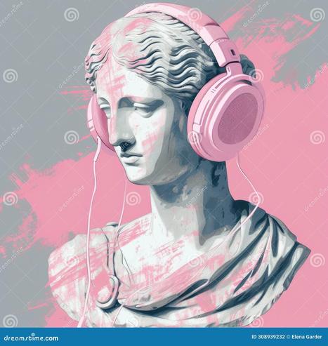 music sculpture greek antique sculpture bust pink headphones music modern technology concept 308939232