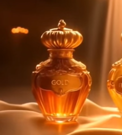 A fancy bottle is shown bathed in warm orange light. It has amber coloured liquid content. The bottle is labelled 'Gold'