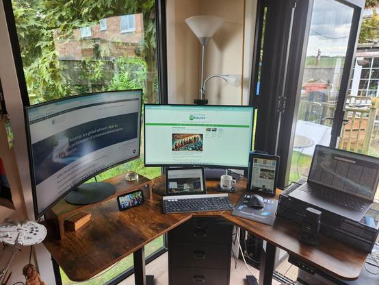 Photo of walnut effect standing desk with two curved monitors and a Surface Laptop Copilot+.