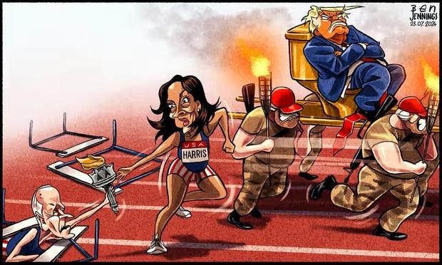 Cartoon by Ben Jennings
An exhausted Joe Biden has fallen after knocking down hurdles on a running track.
He holds the Statue of Liberty’s torch, the Flame of Liberty, and hands it off to strong and powerful Kamala Harris wearing a USA track uniform. Like in a relay race.
A scowling Trump is just ahead, sitting on a throne being carried by white men in red MAGA hats and short-sleeved brown shirts. They’re holding torches that look like the ones from the 2017 Unite the Right rally