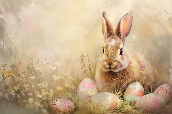 Monday generated ai image illustration easter music frolic lovely grouping wallpaper decoration happiness colorful eggs cute white rabbit 309947947
