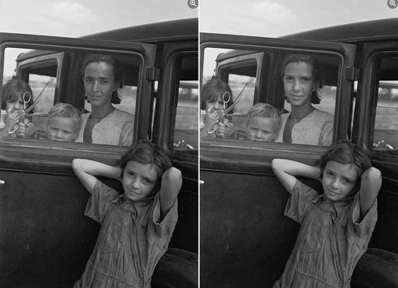 Side by side images. Original image is a woman & 2 children behind an antique car door with the youngest holding up nickel-plated scissors while a girl leans back on the car in front of the door with her hands behind her head. My manipulate image has the aforementioned leaning girl's face elongated & pasted onto the woman's face.