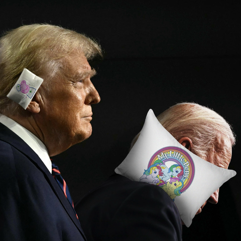 Trump with a Peppa Pig bandage on his right ear and Joe Biden falling asleep with a My Little Pony pillow tucked into his shoulder next to his right ear.