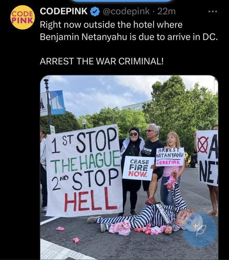  FC Right now outside the hotel where Benjamin Netanyahu is due to arrive in DC. ARREST THE WAR CRIMINAL! 