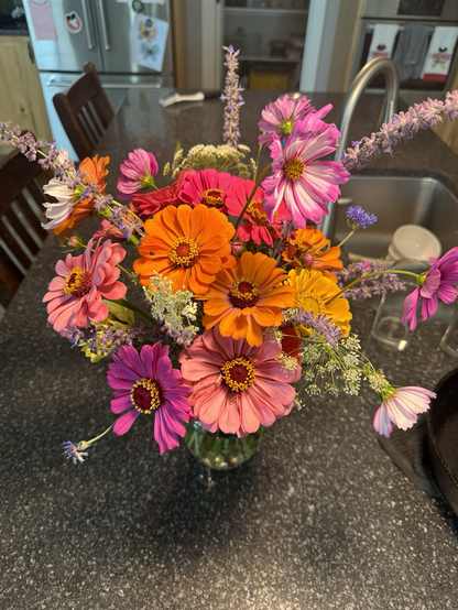 A bouquet of glowing orange and pink zinnias, cosmos, accented by purple cornflower, Russian sage, and Queen Anne’s Lace.