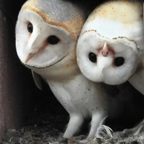 Two barn owls, the one on the left has a slightly tilted head, looking away from camera, the one on the right's head is completely upside-down, looking at the camera