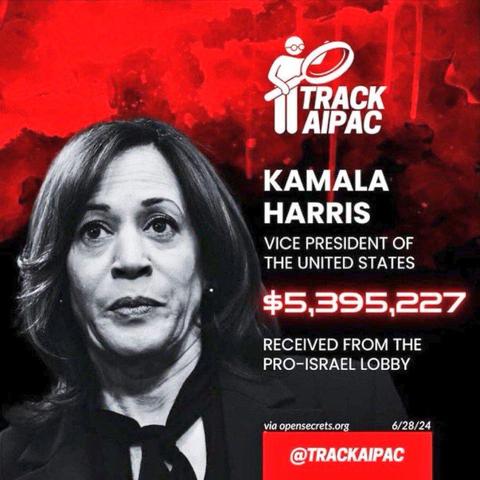 Track AIPAC: Kamala Harris has received $5.4 million from the Pro-Israel lobby.