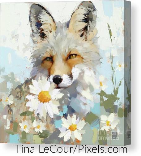 This is artwork of a portrait of a pretty gray fox posing in some white daisy flowers against a textured blue and white background. 