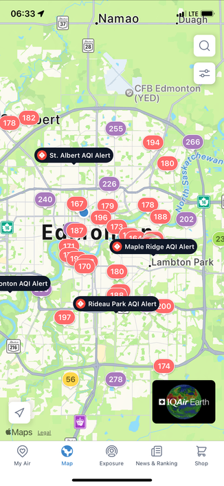 Map of Edmonton showing multiple AQI station.  Most results between 100 and 300.