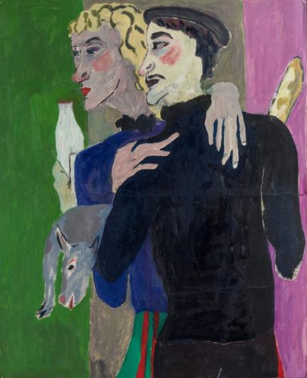 Painting of a man and a woman embracing while holding a dog, bread, and a milk bottle, both looking away at something off-canvas. One is dressed in a dark turtleneck and beret, the other in blue top and striped skirt, against a green and purple striped background. 