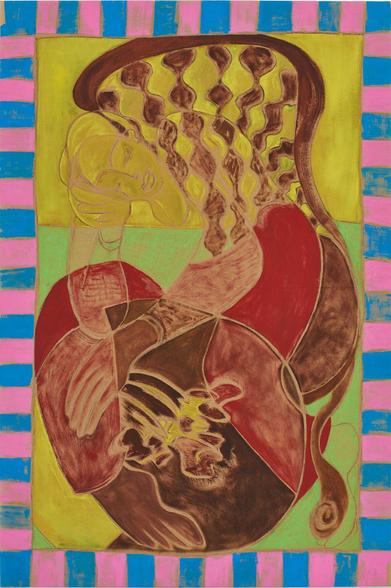Colorful pastel of an abstracted composition with a figure curving in a chair in a palette of yellow, brown, and red, and a border of pink and blue stripes